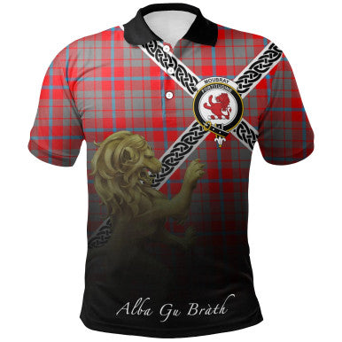 Scottish Moubray Clan Crest Tartan Polo Shirt - Celtic with Scotland Lion Front Side Tartan Plaid