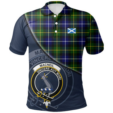 Scottish MacNeill of Barra Modern Clan Crest Tartan Polo Shirt - Bend Style Front Side Tartan Plaid