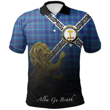 Scottish Mercer Modern Clan Crest Tartan Polo Shirt - Celtic with Scotland Lion Front Side Tartan Plaid