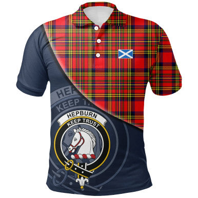 Scottish Hepburn Clan Crest Tartan Polo Shirt - Bend Style Front Side Tartan Plaid