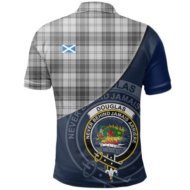 Scottish Douglas Grey Modern Clan Crest Tartan Polo Shirt - Bend Style Back Side Tartan Plaid