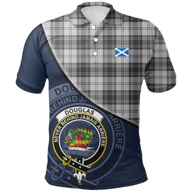 Scottish Douglas Grey Modern Clan Crest Tartan Polo Shirt - Bend Style Front Side Tartan Plaid