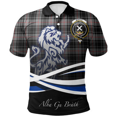 Scottish Moffat Modern Clan Crest Tartan Polo Shirt - Scotland Lion Front Side Tartan Plaid