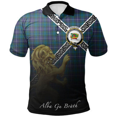 Scottish Douglas Modern Clan Crest Tartan Polo Shirt - Celtic with Scotland Lion Front Side Tartan Plaid