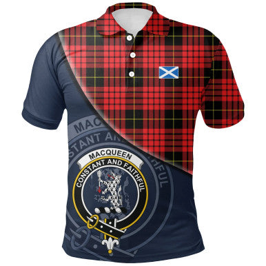 Scottish MacQueen Modern Clan Crest Tartan Polo Shirt - Bend Style Front Side Tartan Plaid