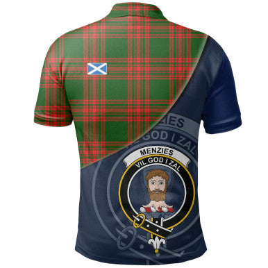 Scottish Menzies Green Modern Clan Crest Tartan Polo Shirt - Bend Style Back Side Tartan Plaid