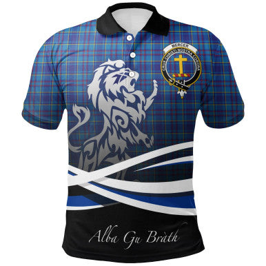 Scottish Mercer Modern Clan Crest Tartan Polo Shirt - Scotland Lion Front Side Tartan Plaid
