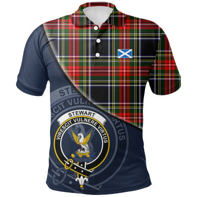 Scottish Stewart Black Clan Crest Tartan Polo Shirt - Bend Style Front Side Tartan Plaid