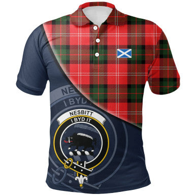 Scottish Nesbitt Modern Clan Crest Tartan Polo Shirt - Bend Style Front Side Tartan Plaid