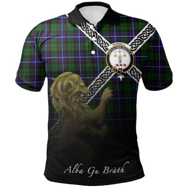 Scottish Russell Modern Clan Crest Tartan Polo Shirt - Celtic with Scotland Lion Front Side Tartan Plaid