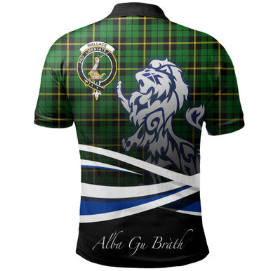 Scottish Wallace Hunting - Green Clan Crest Tartan Polo Shirt - Scotland Lion Back Side Tartan Plaid