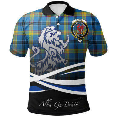Scottish Laing Clan Crest Tartan Polo Shirt - Scotland Lion Front Side Tartan Plaid