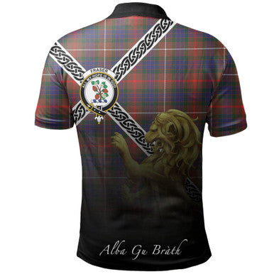 Scottish Fraser Hunting Modern Clan Crest Tartan Polo Shirt - Celtic with Scotland Lion Back Side Tartan Plaid