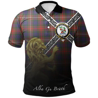 Scottish Fraser Hunting Modern Clan Crest Tartan Polo Shirt - Celtic with Scotland Lion Front Side Tartan Plaid