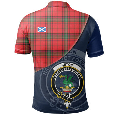 Scottish Seton Modern Clan Crest Tartan Polo Shirt - Bend Style Back Side Tartan Plaid