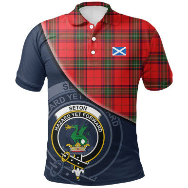 Scottish Seton Modern Clan Crest Tartan Polo Shirt - Bend Style Front Side Tartan Plaid