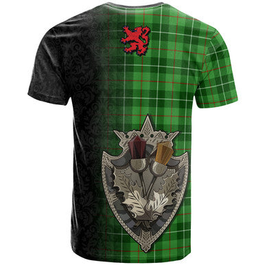 Scottish Galloway Clan Crest Tartan T-Shirt - Half Thistle Flowers Celtic Design Back Side Tartan Plaid
