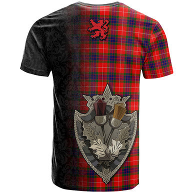 Scottish Fraser Clan Crest Tartan T-Shirt - Half Thistle Flowers Celtic Design Back Side Tartan Plaid