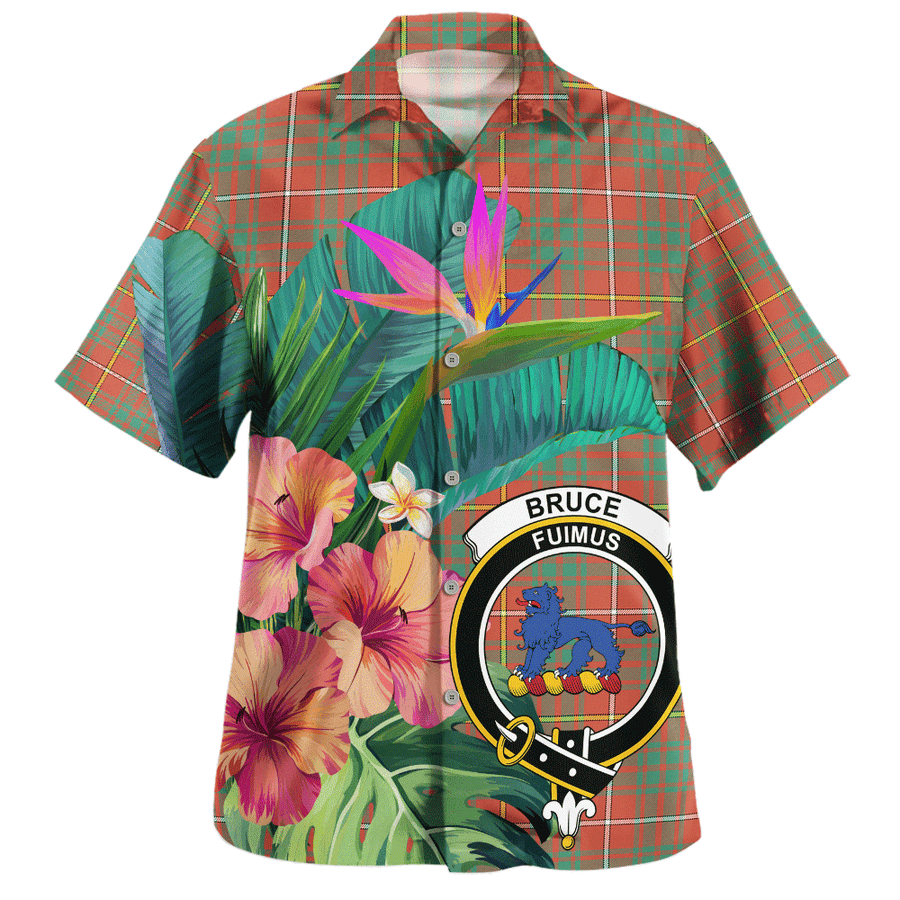 Scottish Bruce Ancient Clan Badge Tartan Hawaiian Shirt Bouquet Tropical Style