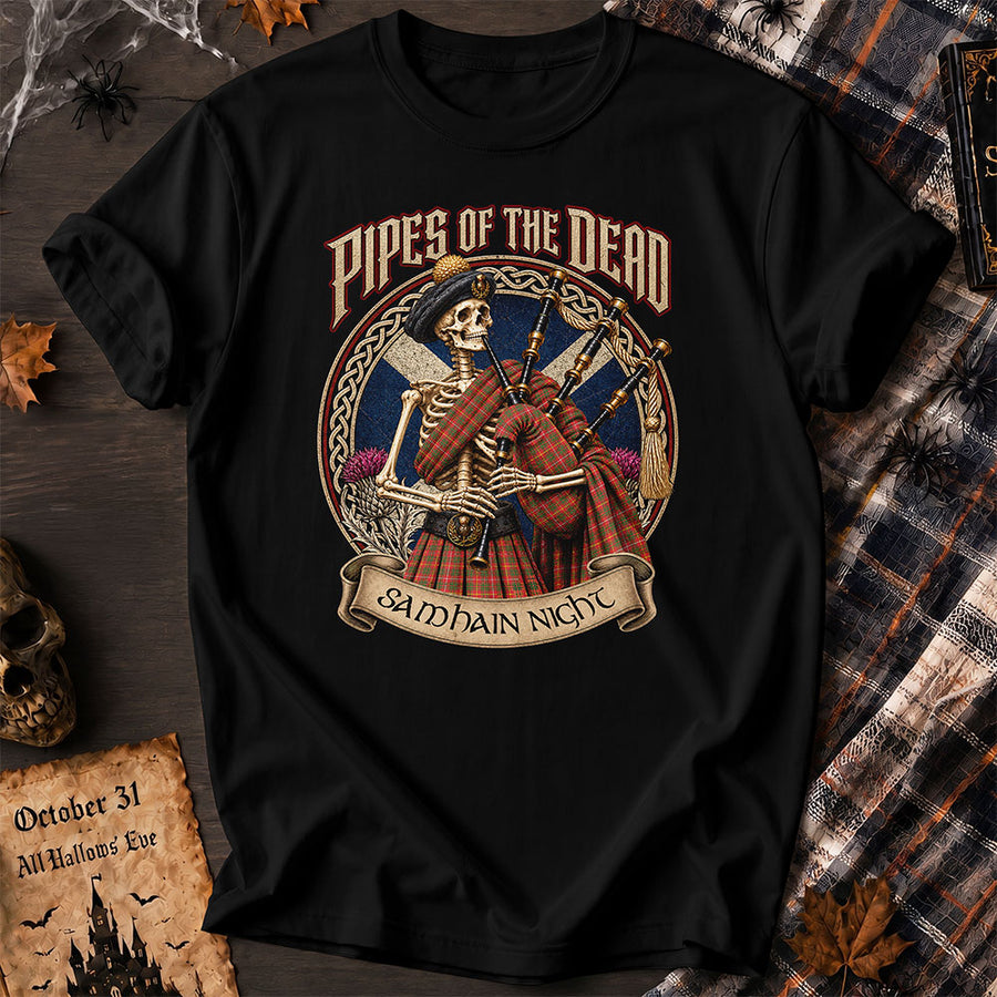 Scottish Bruce Modern Tartan Tee Halloween Skeleton Bagpiper