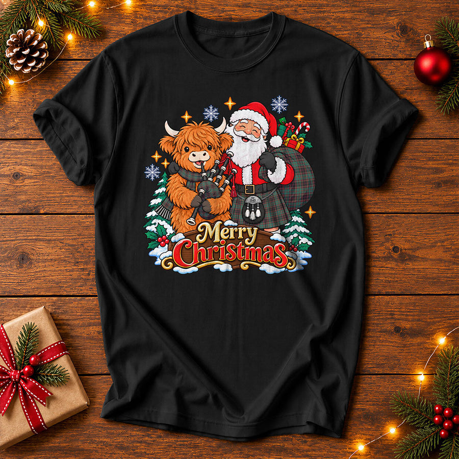 Scottish Buchan Ancient Clan Badge Tartan Tee Highland Cow & Santa Playing Bagpipes Merry Christmas
