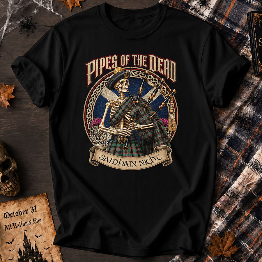 Scottish Buchan Ancient Tartan Tee Halloween Skeleton Bagpiper