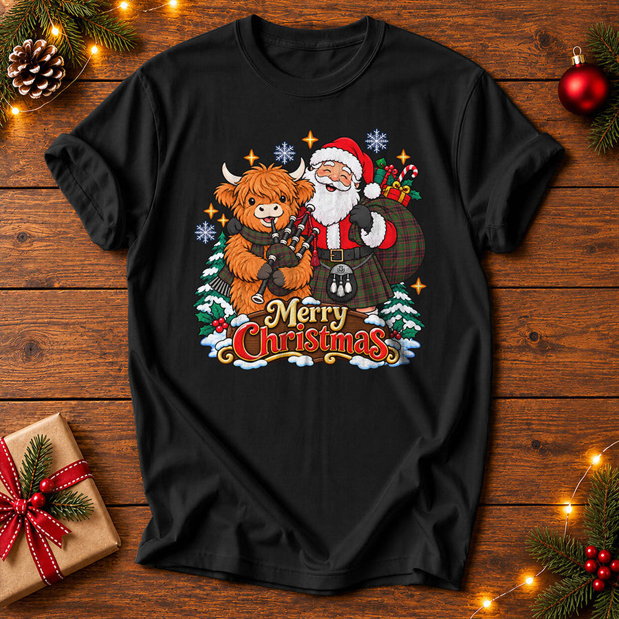 Scottish Buchan Modern Clan Badge Tartan Tee Highland Cow & Santa Playing Bagpipes Merry Christmas