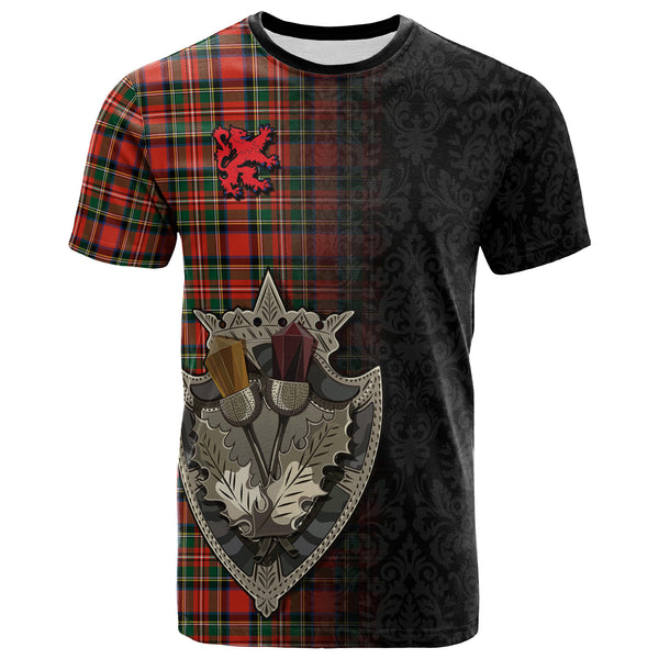 Scottish Stewart Royal Modern Clan Tartan T-Shirt - Half Thistle Flowers Celtic Design
