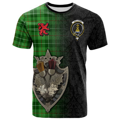 Scottish Galloway Clan Crest Tartan T-Shirt - Half Thistle Flowers Celtic Design Front Side Tartan Plaid