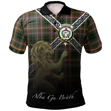 Scottish Buchanan Hunting Clan Crest Tartan Polo Shirt - Celtic with Scotland Lion Front Side Tartan Plaid