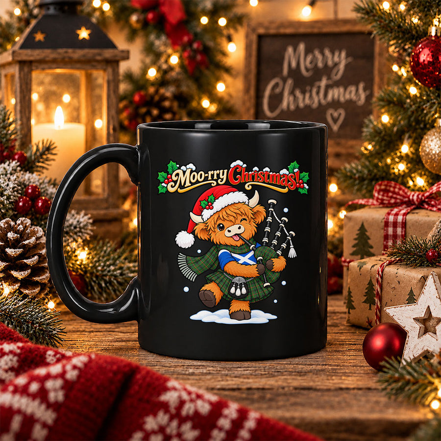 Scottish Kincaid Modern Tartan Mug Moo-rry Christmas Highland Cow Bagpiper