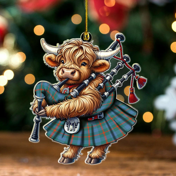 Scottish Agnew Ancient Clan Tartan Ornament Highland Cow Playing Bagpipes Tartan Plaid