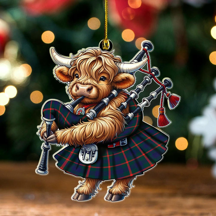 Scottish Agnew Modern Clan Tartan Ornament Highland Cow Playing Bagpipes Tartan Plaid
