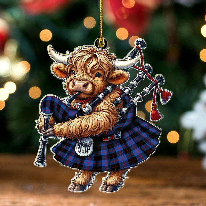 Scottish Angus Modern Clan Tartan Ornament Highland Cow Playing Bagpipes Tartan Plaid