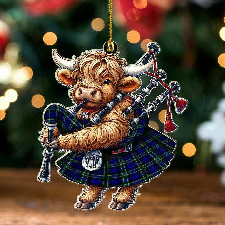 Scottish Arbuthnot Modern Clan Tartan Ornament Highland Cow Playing Bagpipes Tartan Plaid