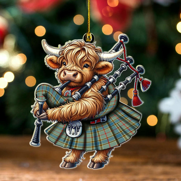 Scottish Balfour Blue Clan Tartan Ornament Highland Cow Playing Bagpipes Tartan Plaid