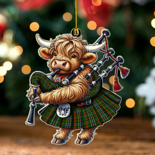 Scottish Bisset Clan Tartan Ornament Highland Cow Playing Bagpipes Tartan Plaid