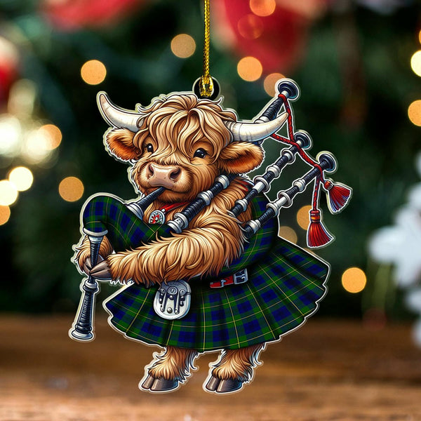 Scottish Johnston Modern Clan Tartan Ornament Highland Cow Playing Bagpipes Tartan Plaid