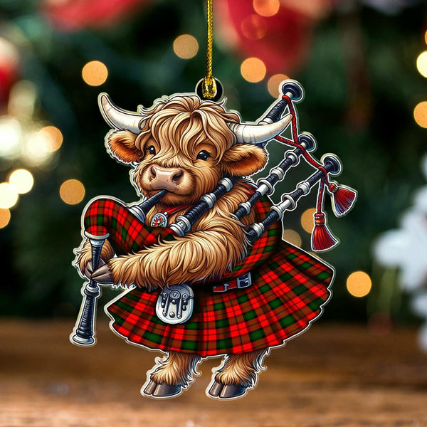 Scottish Kerr Modern Clan Tartan Ornament Highland Cow Playing Bagpipes Tartan Plaid