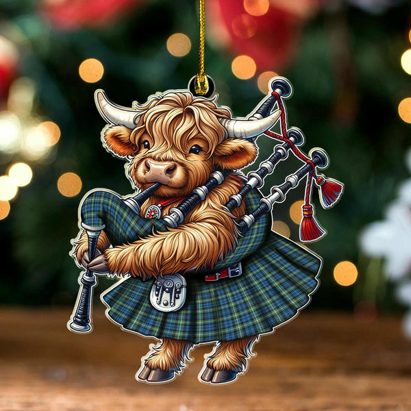Scottish Lamont Ancient Clan Tartan Ornament Highland Cow Playing Bagpipes Tartan Plaid