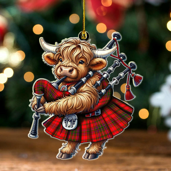 Scottish MacDougall Modern Clan Tartan Ornament Highland Cow Playing Bagpipes Tartan Plaid