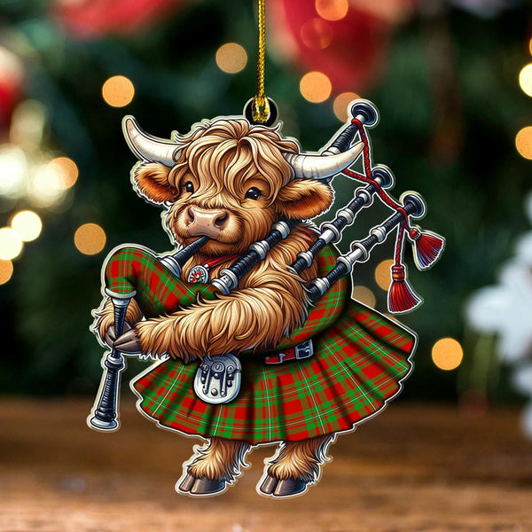 Scottish MacGregor Modern Clan Tartan Ornament Highland Cow Playing Bagpipes Tartan Plaid