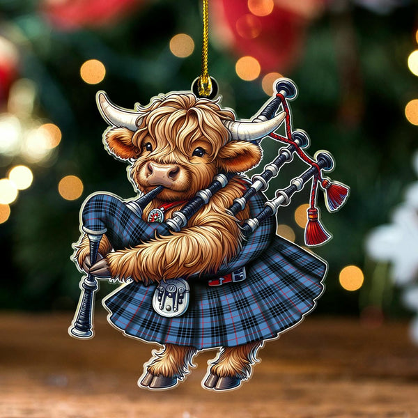 Scottish MacKay Blue Clan Tartan Ornament Highland Cow Playing Bagpipes Tartan Plaid