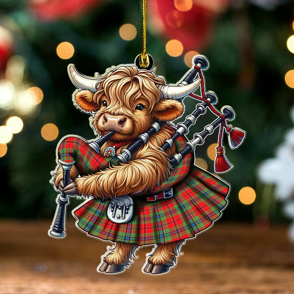 Scottish MacLean of Duart Modern Clan Tartan Ornament Highland Cow Playing Bagpipes Tartan Plaid