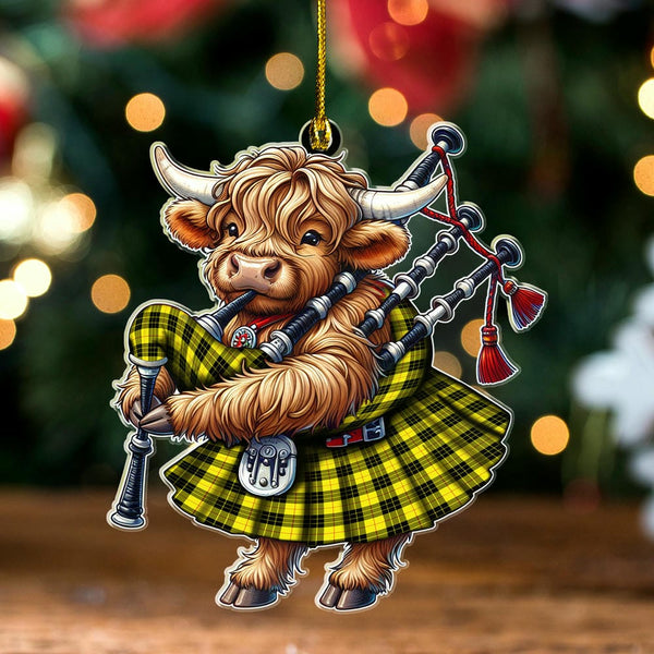 Scottish MacLeod of Lewis Modern Clan Tartan Ornament Highland Cow Playing Bagpipes Tartan Plaid