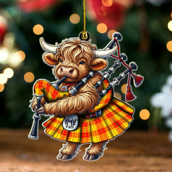 Scottish MacMillan Clan Tartan Ornament Highland Cow Playing Bagpipes Tartan Plaid