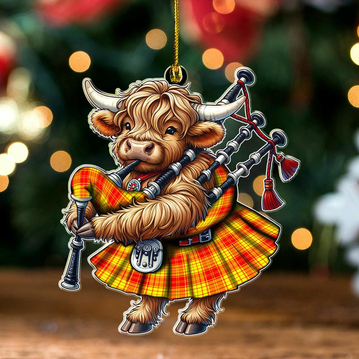 Scottish MacMillan Clan Tartan Ornament Highland Cow Playing Bagpipes Tartan Plaid