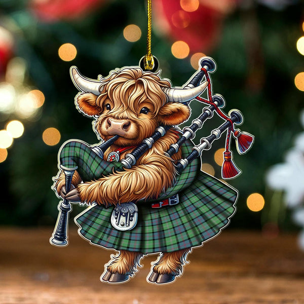Scottish MacThomas Ancient Clan Tartan Ornament Highland Cow Playing Bagpipes Tartan Plaid
