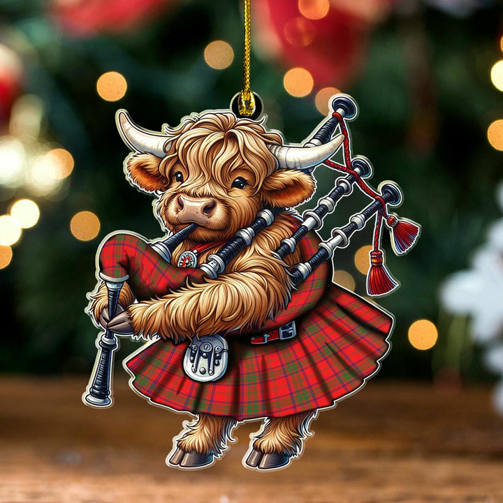 Scottish Ross Modern Clan Tartan Ornament Highland Cow Playing Bagpipes Tartan Plaid
