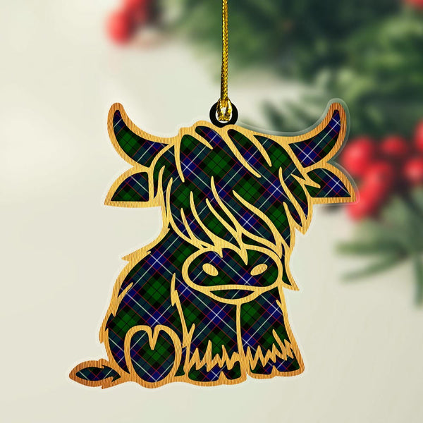 Scottish Russell Modern Clan Tartan Highland Cow Ornament Tartan Plaid
